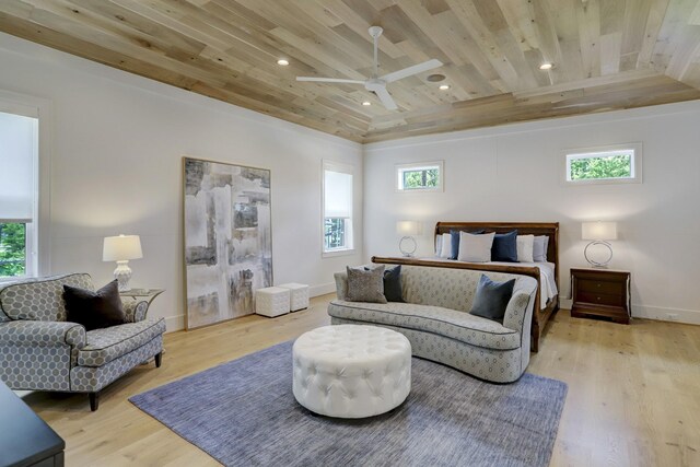 bedroom featuring ceiling fan, light hardwood / wood-style floors, and wooden ceiling