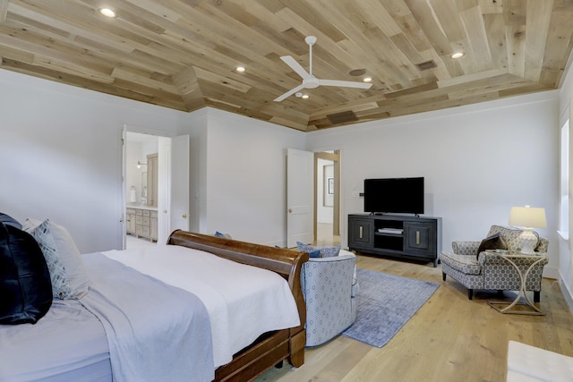 bedroom featuring ensuite bath, ceiling fan, vaulted ceiling, wooden ceiling, and light wood-type flooring