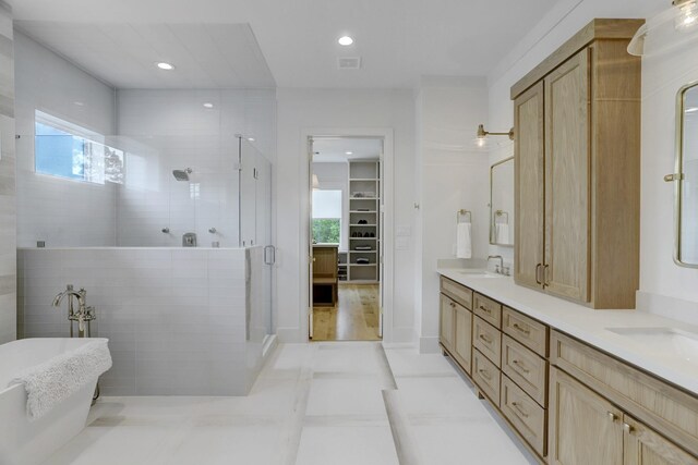 bathroom with vanity and plus walk in shower