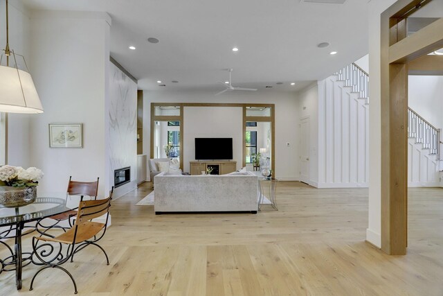 living room featuring a premium fireplace and light wood-type flooring