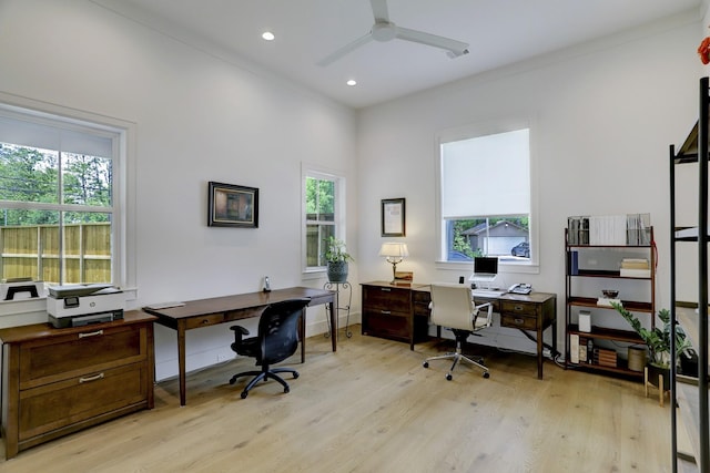 office area featuring ceiling fan and light wood-type flooring