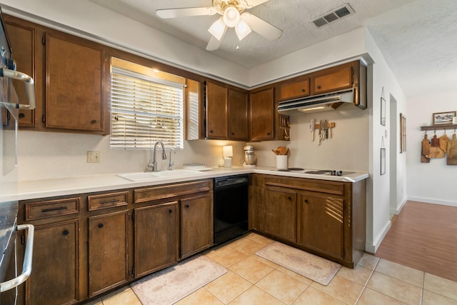 kitchen featuring sink, ceiling fan, dishwasher, light tile patterned flooring, and white electric stovetop