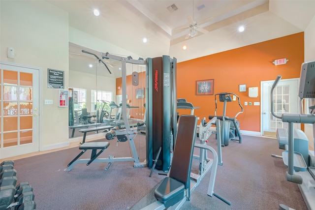 workout area with ceiling fan