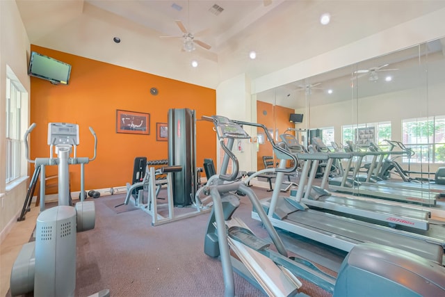 workout area featuring lofted ceiling and ceiling fan