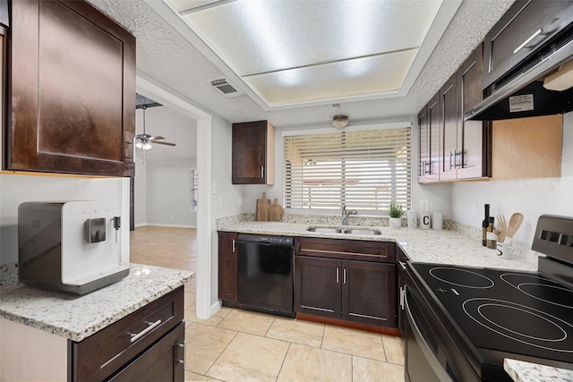 kitchen with range hood, black dishwasher, sink, electric range, and dark brown cabinetry