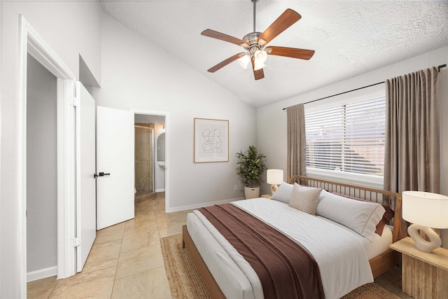 tiled bedroom with ceiling fan, lofted ceiling, and a textured ceiling