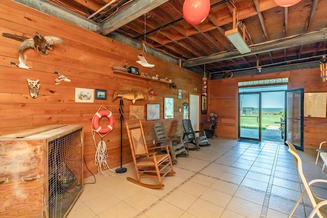 interior space featuring wooden walls