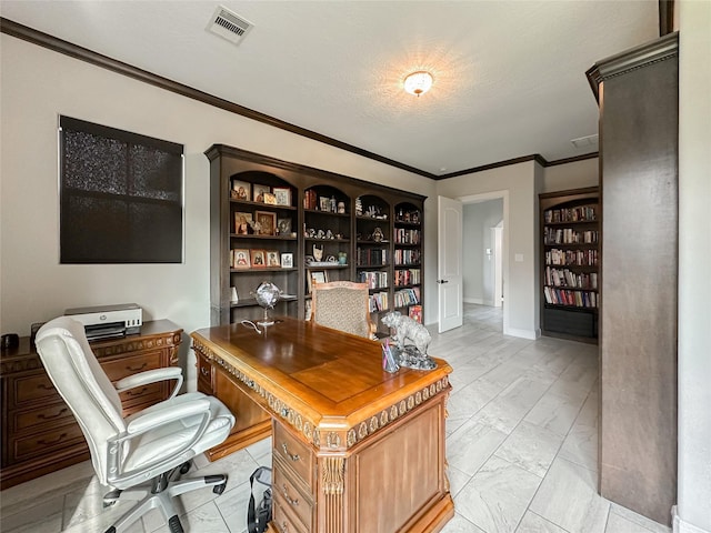 office area featuring a textured ceiling, visible vents, baseboards, marble finish floor, and crown molding