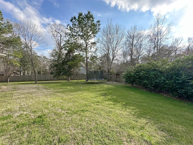 view of yard with a fenced backyard and a trampoline