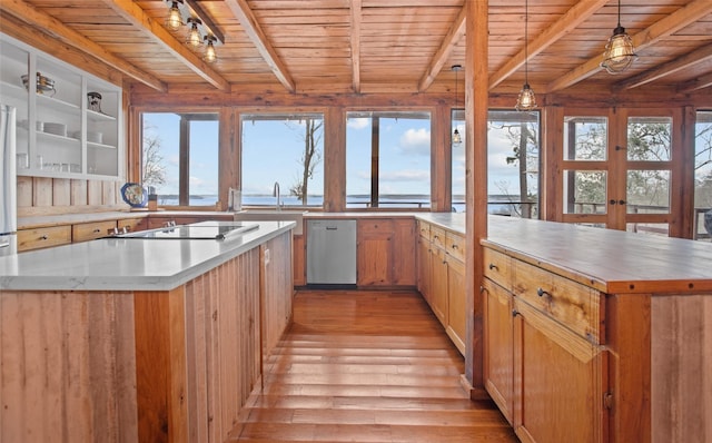 kitchen with dishwasher, wooden ceiling, decorative light fixtures, black electric stovetop, and light countertops