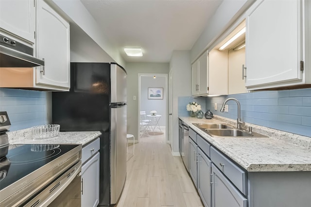 kitchen with ventilation hood, appliances with stainless steel finishes, sink, and white cabinets