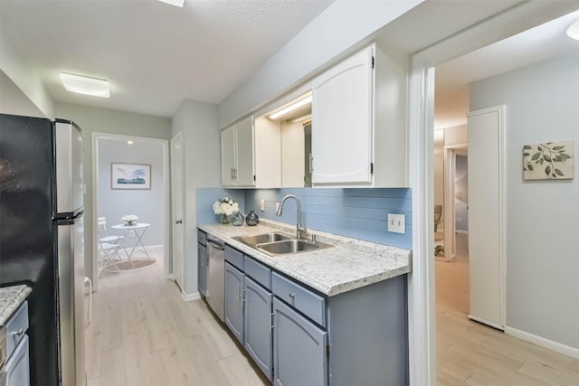 kitchen featuring appliances with stainless steel finishes, white cabinetry, sink, backsplash, and light wood-type flooring