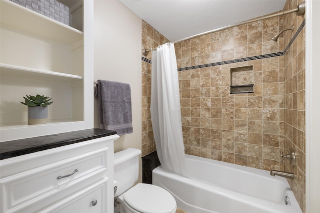 full bathroom with toilet, vanity, shower / bathtub combination with curtain, and a textured ceiling