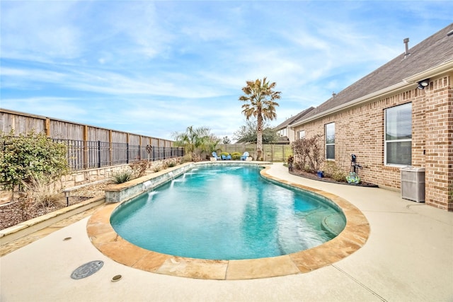 view of pool featuring central air condition unit, a fenced in pool, a fenced backyard, and a patio area