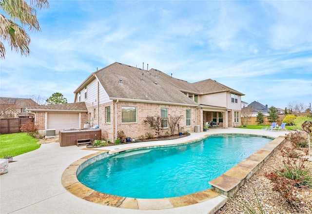 view of pool featuring a fenced backyard, a fenced in pool, a patio, and a hot tub