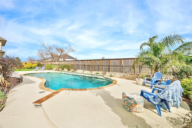 view of pool with a fenced backyard, a fenced in pool, and a patio
