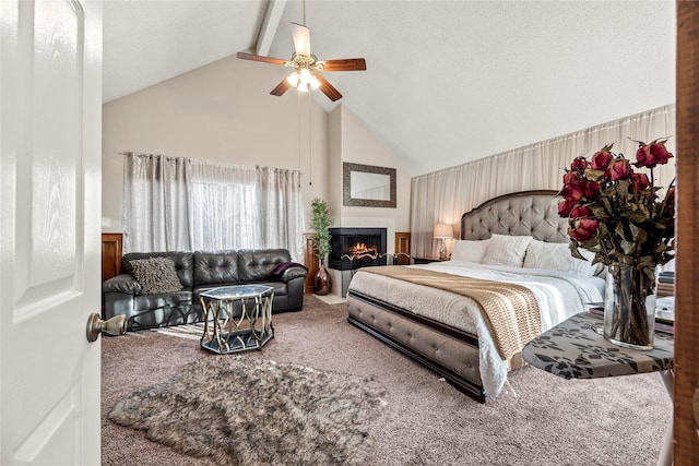 carpeted bedroom featuring beamed ceiling, high vaulted ceiling, a textured ceiling, and ceiling fan