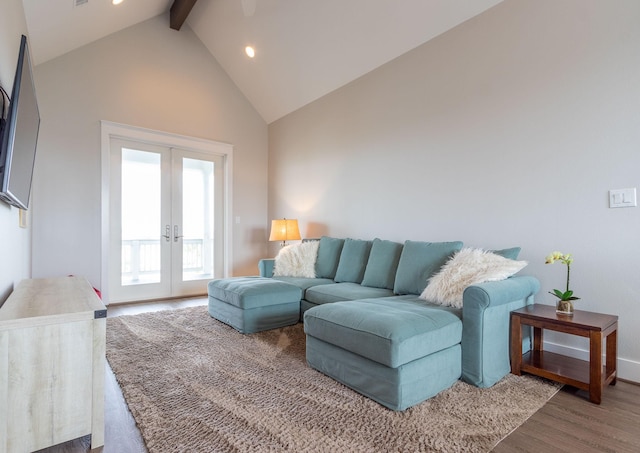 living area with beamed ceiling, wood finished floors, french doors, high vaulted ceiling, and recessed lighting