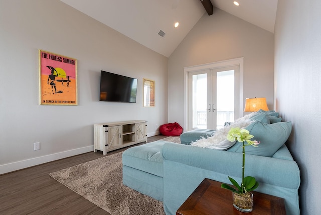 living room featuring high vaulted ceiling, wood finished floors, baseboards, french doors, and beam ceiling