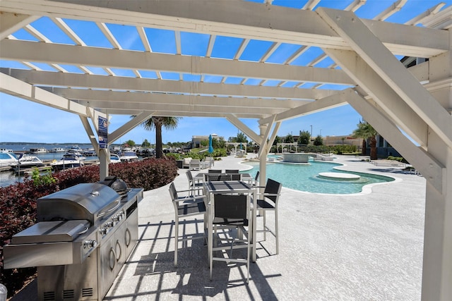 view of pool featuring a patio and a water view