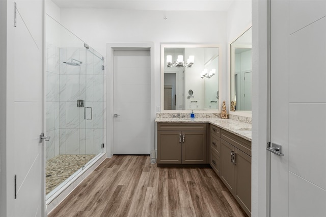 bathroom featuring vanity, hardwood / wood-style flooring, and a shower with door