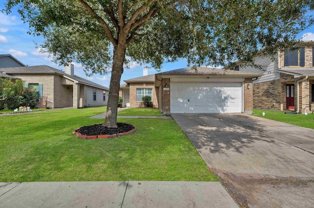 ranch-style home featuring a garage and a front lawn