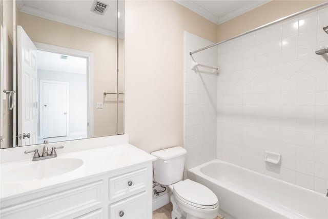 full bathroom with vanity, tiled shower / bath combo, ornamental molding, and toilet