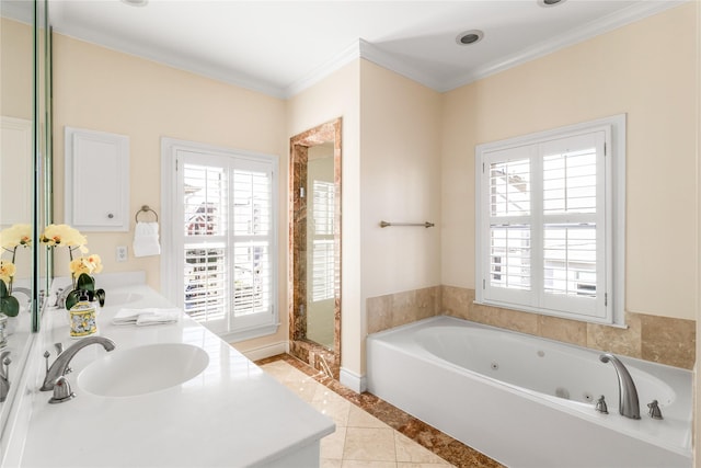 bathroom with a tub to relax in, a healthy amount of sunlight, tile patterned flooring, and ornamental molding