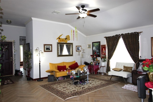 living room featuring vaulted ceiling, ornamental molding, parquet floors, and ceiling fan