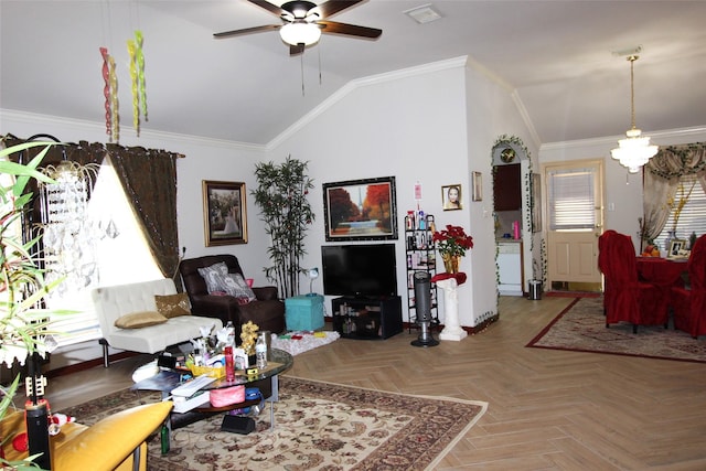 living room with ornamental molding, parquet flooring, lofted ceiling, and ceiling fan