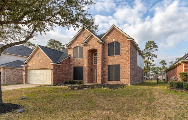 traditional-style home featuring brick siding, a front lawn, and fence