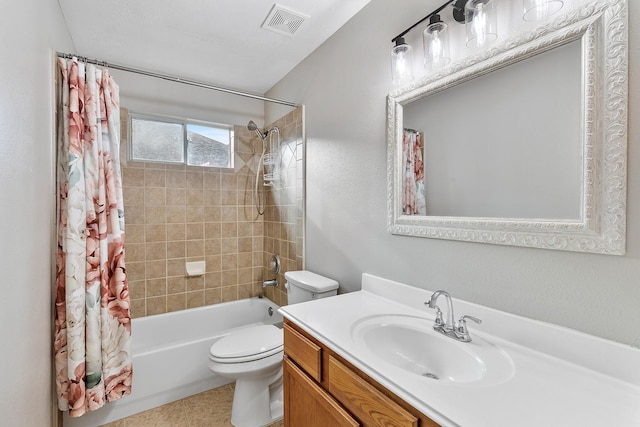 full bath with visible vents, shower / bathtub combination with curtain, toilet, vanity, and tile patterned flooring