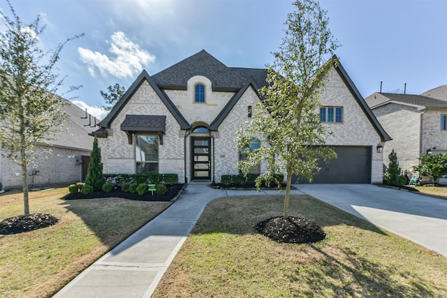 french country inspired facade featuring a garage and a front lawn