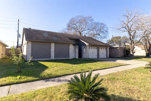 view of front of home featuring concrete driveway, an attached garage, fence, and a front yard