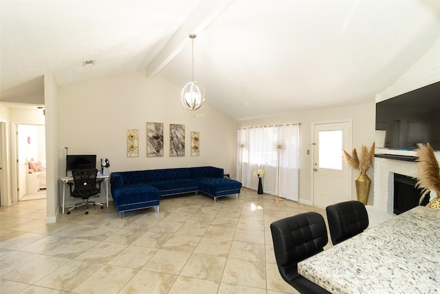 tiled living room featuring an inviting chandelier, a fireplace, and lofted ceiling with beams