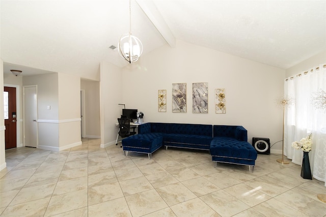 living room featuring light tile patterned flooring, high vaulted ceiling, and beam ceiling