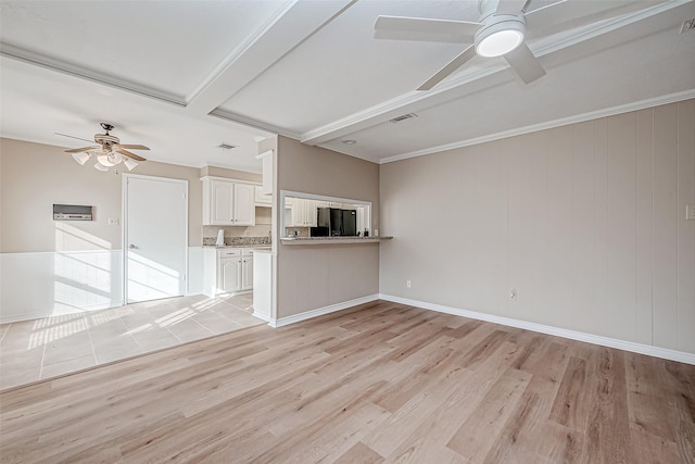 unfurnished living room featuring crown molding, ceiling fan, and light wood-type flooring