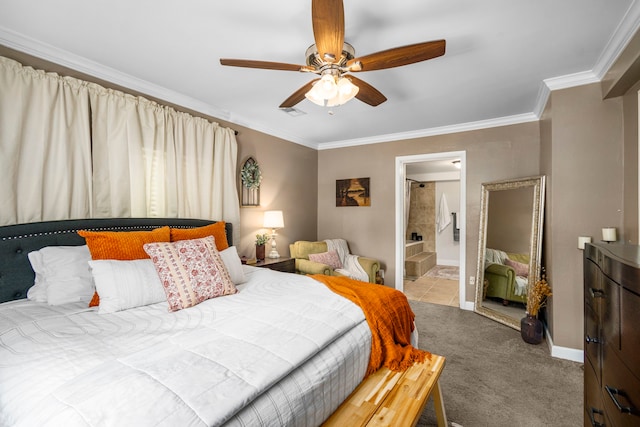 bedroom featuring ceiling fan, ornamental molding, ensuite bathroom, and carpet floors