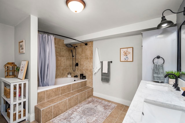 bathroom featuring tile patterned flooring, vanity, and shower / bath combo with shower curtain