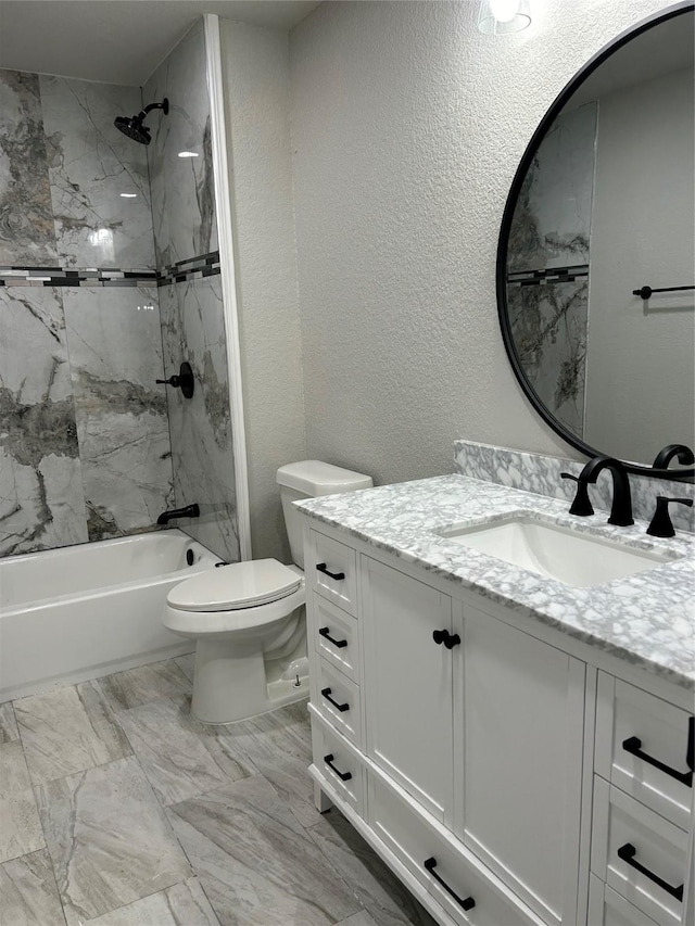 231 Dehart St Unit Cr653, Liverpool, TX 77577 - bathroom featuring toilet, vanity, bathtub / shower combination, a textured wall, and marble finish floors