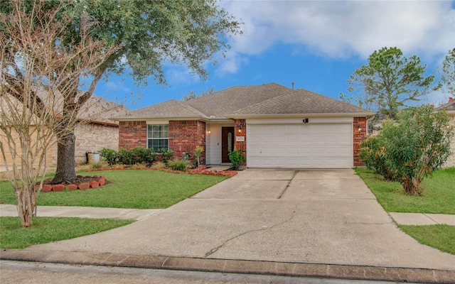 ranch-style house with a garage and a front lawn