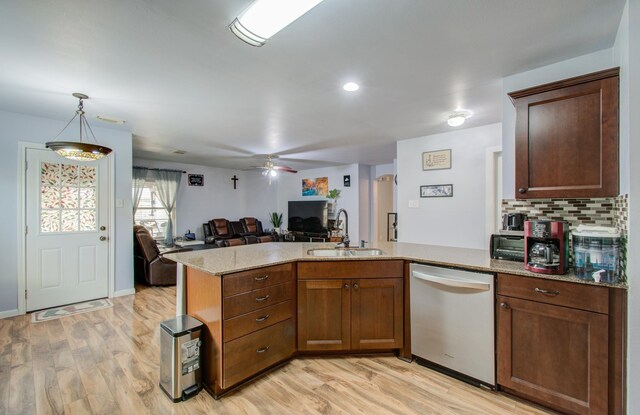 kitchen with tasteful backsplash, sink, stainless steel dishwasher, kitchen peninsula, and light wood-type flooring