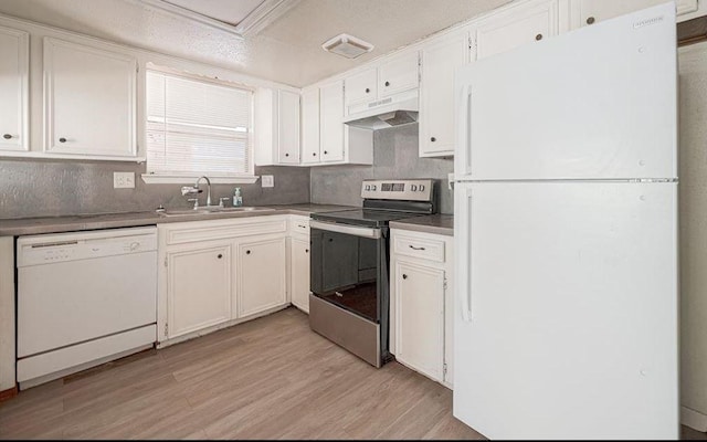 kitchen featuring sink, white appliances, light hardwood / wood-style floors, and white cabinets