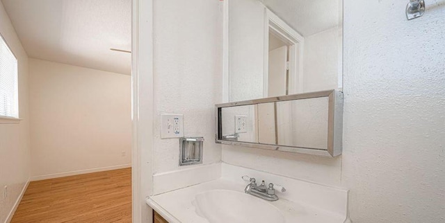 bathroom with vanity, baseboards, and wood finished floors