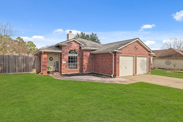 ranch-style home featuring a garage and a front lawn