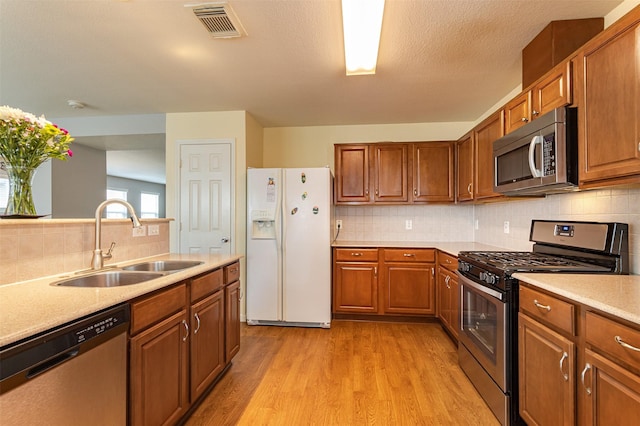 kitchen featuring sink, tasteful backsplash, a textured ceiling, light wood-type flooring, and appliances with stainless steel finishes