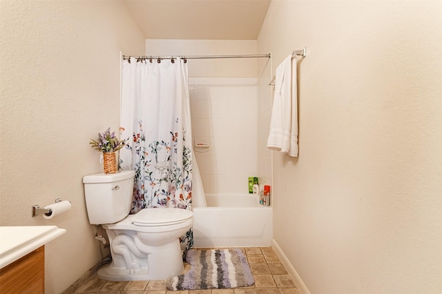 full bathroom with vanity, tile patterned flooring, shower / bath combination with curtain, and toilet