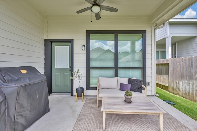 view of patio / terrace featuring ceiling fan and a grill