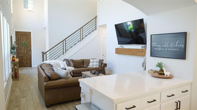 living room with a towering ceiling and light wood-type flooring