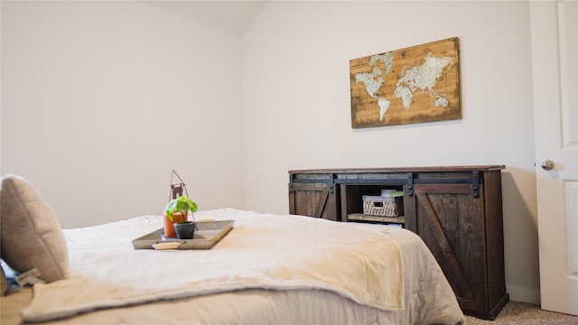 carpeted bedroom featuring lofted ceiling